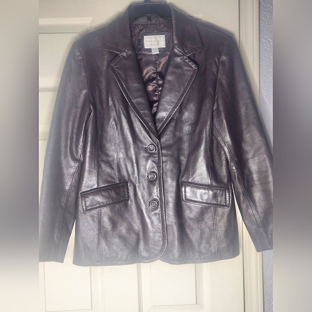 Worthington L Genuine Lambskin Brown 3 Buttons Pockets Lined Women’s Blazer